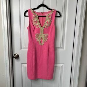 Lilly Pulitzer Sleeveless Sheath Dress Gold Trim Pink Cotton Blend‎ Size Small